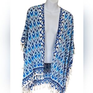 Bobbie Brooks Blue Ivory Geometric Fringed Kimono One Size Fits All Boho